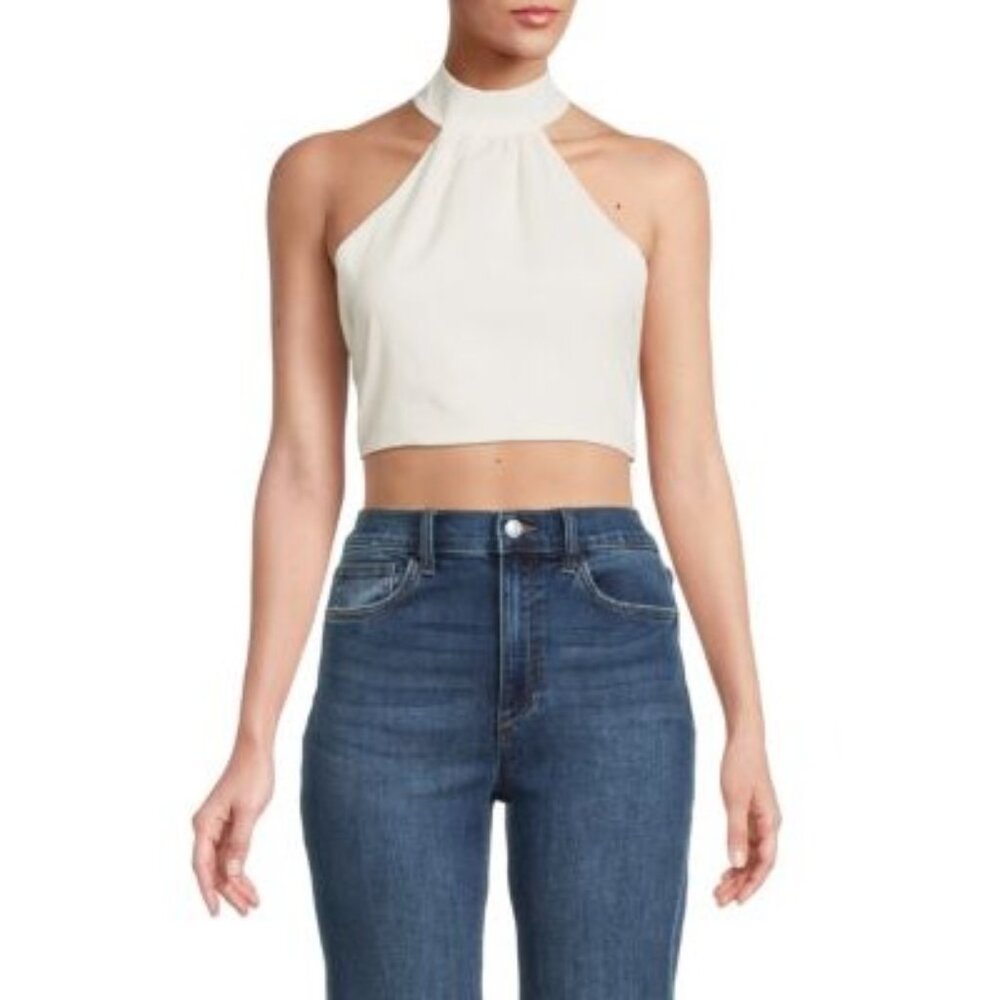 WeWoreWhat Women's Halter Linen Blend Crop Top Whisper White Size S NWT